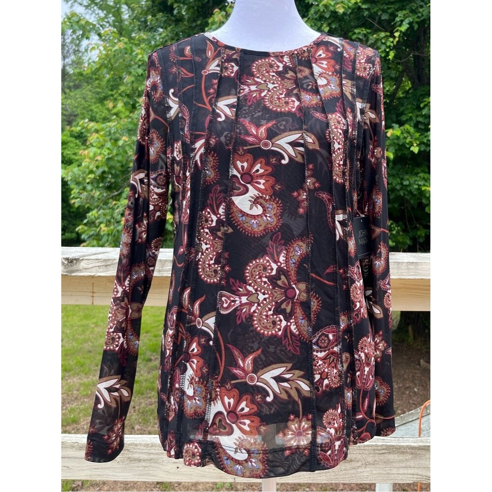 NWT JOHN MARK Enchanted Evening Double Layer Mesh Paisley Long Sleeve Blouse